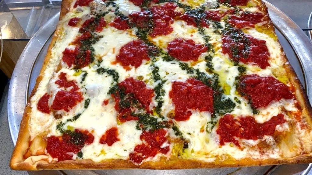 Square Grandma pizza with pesto at Three Brothers Pizza